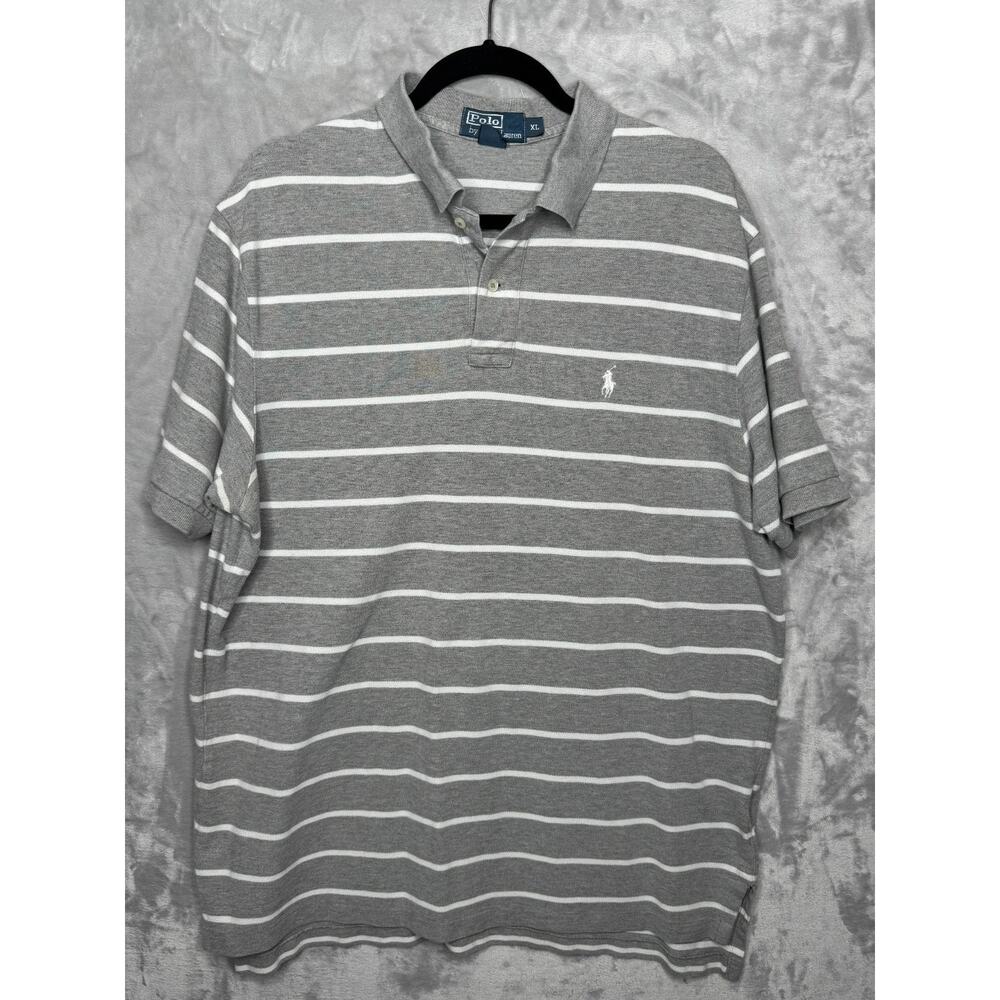 Polo Ralph Lauren Polo Shirt Men XL Gray White Stripe Classic Fit Pique Cotton